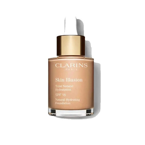 Clarins Skin Illusion Natural Hydrating Foundation SPF15 in shade 108.3 Organza, 30ml bottle, with foundation pump and packaging.