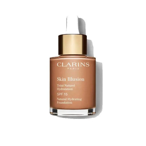 Clarins Skin Illusion Natural Hydrating Foundation SPF15 in Sandalwood 30ml, with a sleek foundation bottle and applicator.