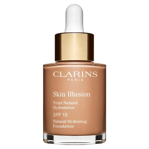 Clarins Skin Illusion Natural Hydrating Foundation SPF 15 in shade 112 Amber, 30ml bottle with foundation pump and label.