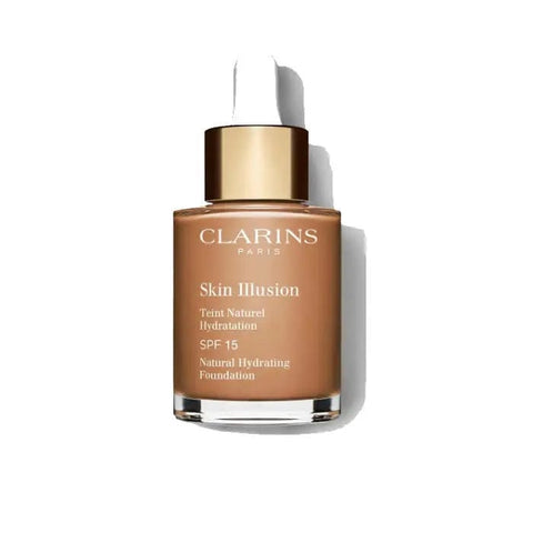 Clarins Skin Illusion Natural Hydrating Foundation SPF15 in shade 113 Chestnut, 30ml bottle with applicator, on a neutral background.