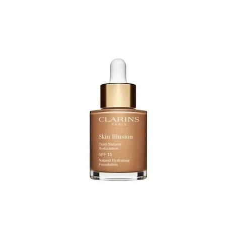 Clarins Skin Illusion Natural Hydrating Foundation SPF15 in shade 114 Cappuccino, 30ml bottle, with smooth liquid texture.