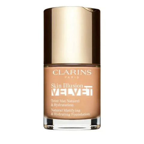 Clarins Skin Illusion Velvet foundation in shade 107C, 30ml bottle, with sleek packaging from Jag Couture London - New York.