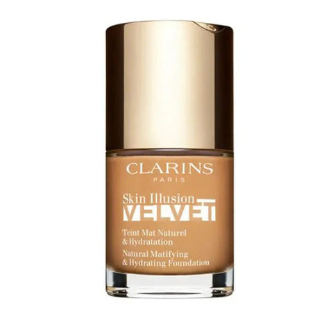 Clarins Skin Illusion Velvet foundation in shade 112.5W, 30ml bottle, with smooth, natural finish and elegant packaging.
