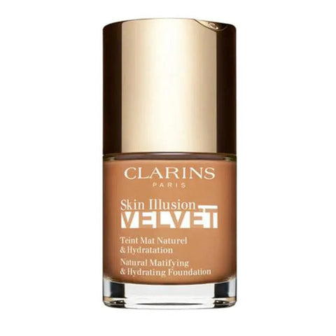 Clarins Skin Illusion Velvet foundation in shade 114N, 30ml bottle, with sleek packaging from Jag Couture London New York.