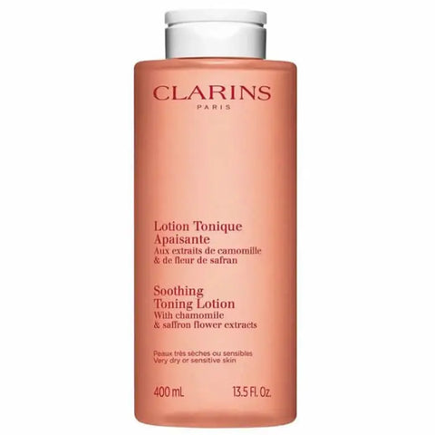 Jag Couture London New York Clarins Soothing Toning Lotion 400ml bottle, with a sleek design and clear label for skincare.