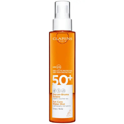 Clarins Sun Care Water Mist SPF50+ in 150ml spray bottle, lightweight sun protection mist with hydrating formula, by Jag Couture London.