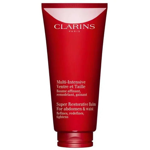 Clarins Super Restorative Balm for abdomen and waist in 200ml jar, designed to firm and soothe skin.