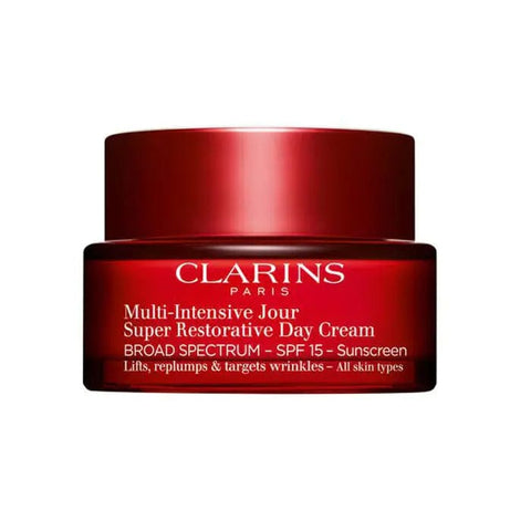 Clarins Super Restorative Day Cream SPF15 for all skin types in 50ml jar, designed for skin rejuvenation and sun protection
