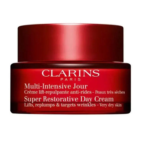 Clarins Super Restorative Day Cream for very dry skin in 50ml jar, with a smooth cream texture and elegant packaging.