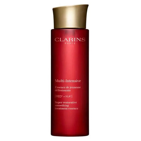 Clarins Super Restorative Smoothing Treatment Essence 200ml bottle, with elegant packaging and label, on a white background.