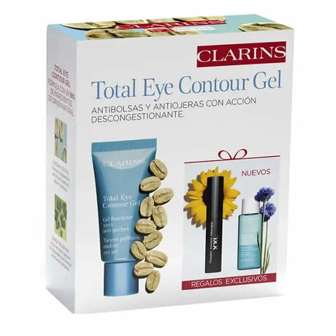 Set of three Clarins Total Eye Contour Gel 20ml jars, featuring eye care product by Clarins with sleek packaging.