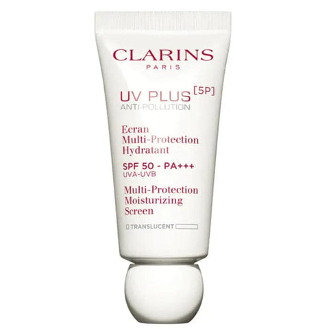 Clarins UV Plus Anti-Pollution SPF50 PA+++ 30ml skincare bottle with protective packaging and product label visible.