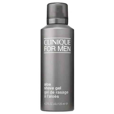 Clinique Men Aloe Shave Gel in 125ml tube, with green aloe vera and clear gel visible in the image.