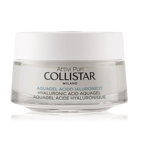 Collistar Attivi Puri Aquagel Hyaluronic Acid Creamides in 50ml jar, featuring a clear gel texture and hyaluronic acid ingredients.