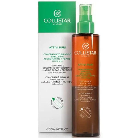 Collistar Attivi Puri Bifasico Snellente Concentrato with Marine Algae and Peptides, 200ml, for targeted body slimming.