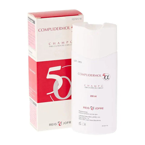Jag Couture London Complidermol 5 Alpha anti-hair loss shampoo in 200ml bottle, featuring the product label and packaging.