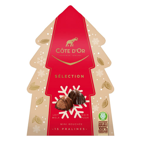 Mini Cote d'Or Bouchee selection from Jag Couture London in a festive Christmas tree carton, featuring assorted petite chocolates.