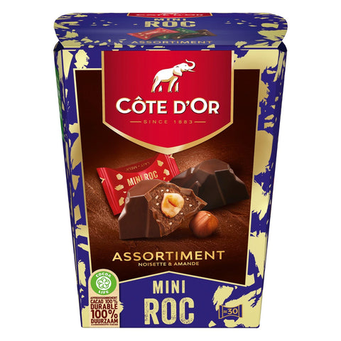 Cote d'Or Mini Roc assortment by Jag Couture London featuring smooth milk and dark chocolates with hazelnuts, praline, crispy pieces, and caramel.