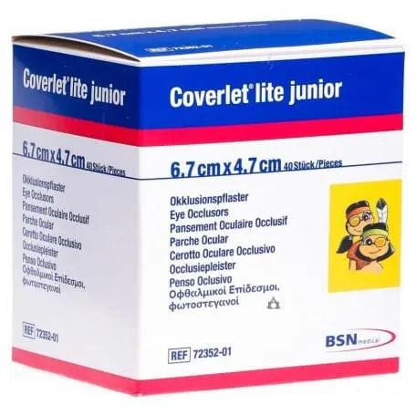 Coverlet Lite Junior eye patches, 6.7 cm x 4.7 cm, 40 units, Bsn Medical brand, shown in package with patches displayed.