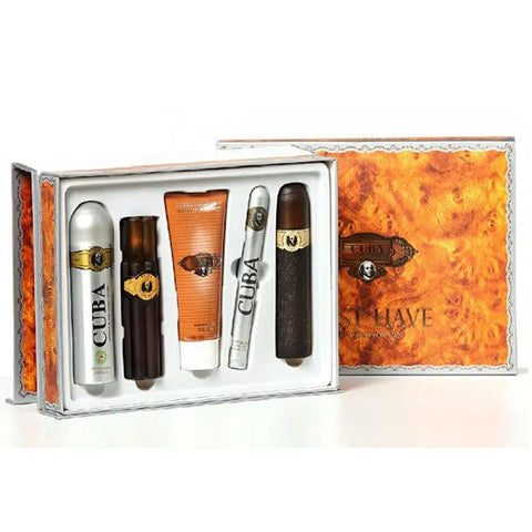 Set of five Cuba Paris Must Have Gold Eau De Toilette sprays by Jag Couture London, 100ml each, in a stylish packaging.