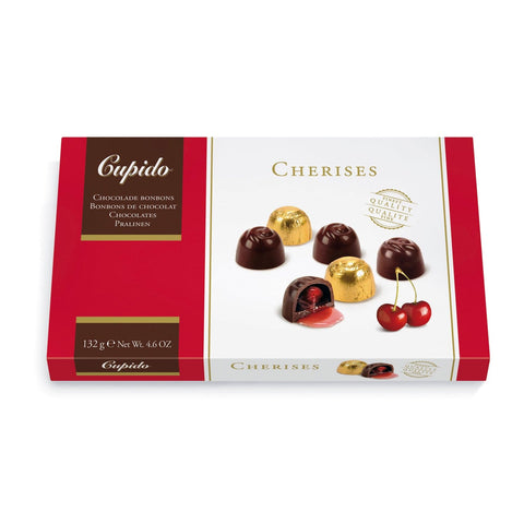 Jag Couture London-New York Cupido Cherises in carton, no cherry stones, shown in a clear carton package with glossy cherries.