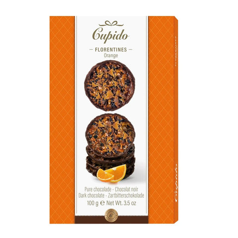 Dark chocolate orange-flavored Florentines by Jag Couture London New York, showing glossy chocolate coating and citrus-flavored treat