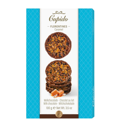 Jag Couture London New York Cupido milk chocolate caramel-flavored florentines, deliciously coated with smooth milk chocolate.