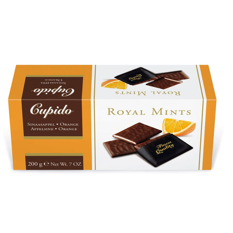 Jag Couture London New York Cupido Royal Orange Thins in dark chocolate, showcasing the elegant orange-flavored confections.