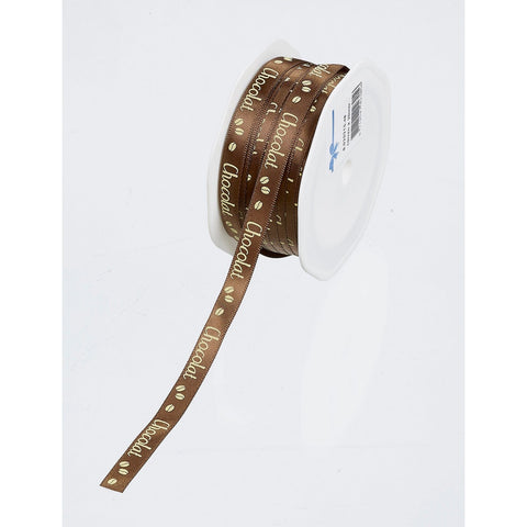 Dark brown Chocolat printed single-faced satin woven edge ribbon by Jag Couture London New York, showcasing elegant woven edge details.