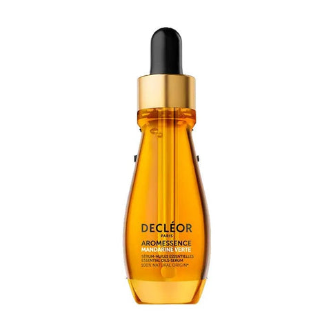 Decléor Aromessence Green Mandarin Oil Serum in a 15ml glass bottle, with fresh green mandarin citrus fruits beside it.