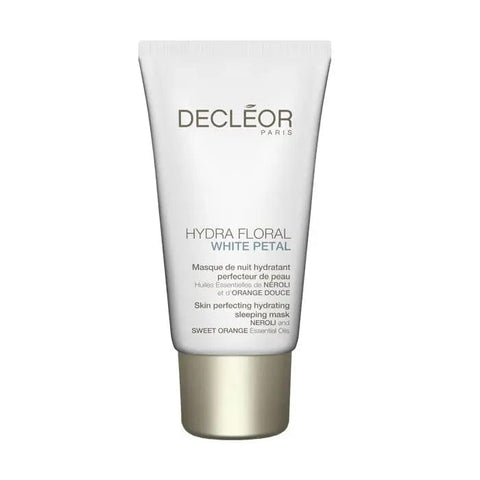 Decleor Hydra Floral White Petal Skin Perfecting Hydrating Sleeping Mask in 50ml jar, designed for nourishing and hydrating skin overnight.