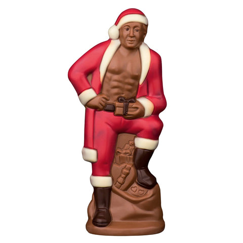 Decorated hollow milk chocolate Christmas man in cello wrapping, 200mm tall, by Jag Couture London New York.