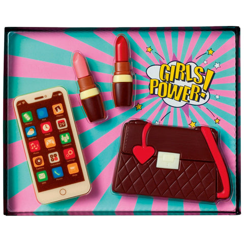 Decorated hollow milk chocolate Girl Power gift set by Jag Couture London, featuring a 195mm chocolate figure with vibrant decorations.