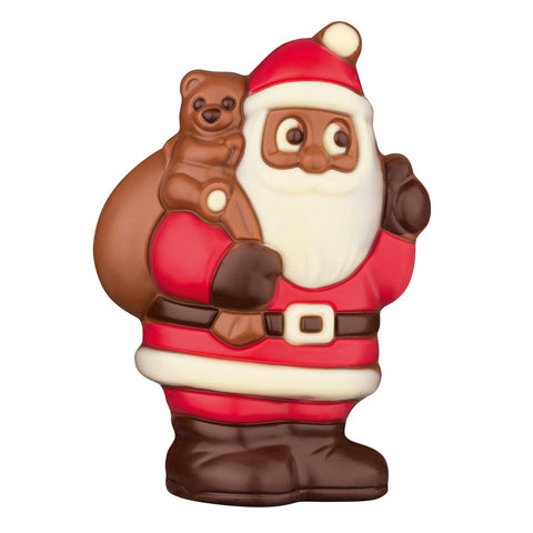 Decorated hollow milk chocolate Santa with teddy bear in cello, 125mm, by Jag Couture London New York, detailed festive holiday treat