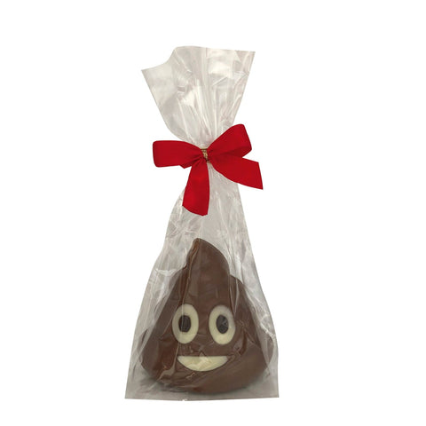 Decorated hollow milk chocolate stinky emoji in cello bag, 73mm, from Jag Couture London - New York, showcasing a playful cartoon-style chocolate.