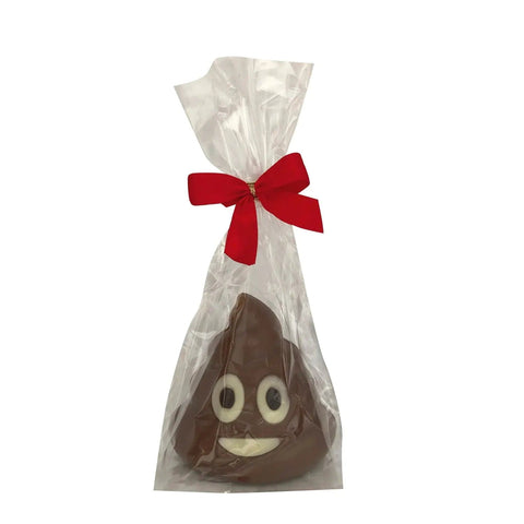 Decorated hollow milk chocolate stinky emoji in cello bag, 73mm, by Jag Couture London - New York, with colorful details and packaging.