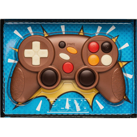 Decorated milk chocolate game controller from Jag Couture London in a gift box, 105mm size, with detailed chocolate design.