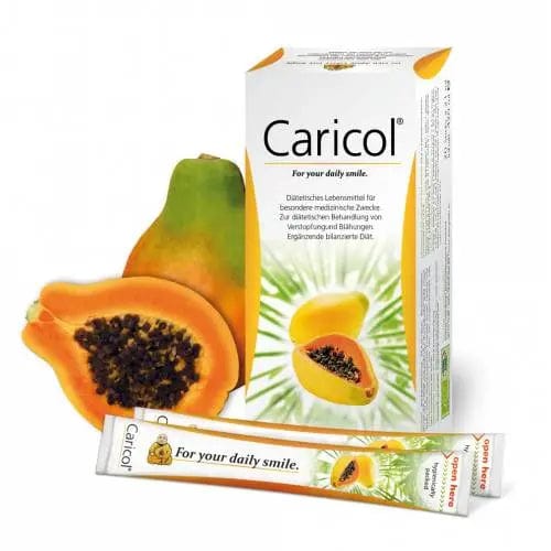 100% Natura Caricol supplement in 20 sachets of 20ml by Jag Couture London New York, with bright packaging and sachets visible.