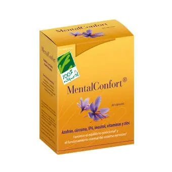 Bottle of 100% Natura Mentalconfort capsules by Jag Couture London featuring 60 vegetarian Vcaps in clear container with label.