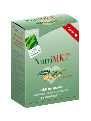 100% Natura Nutrimk7 Cardio supplement by Jag Couture London New York, showing 60 perlas in a clear container.