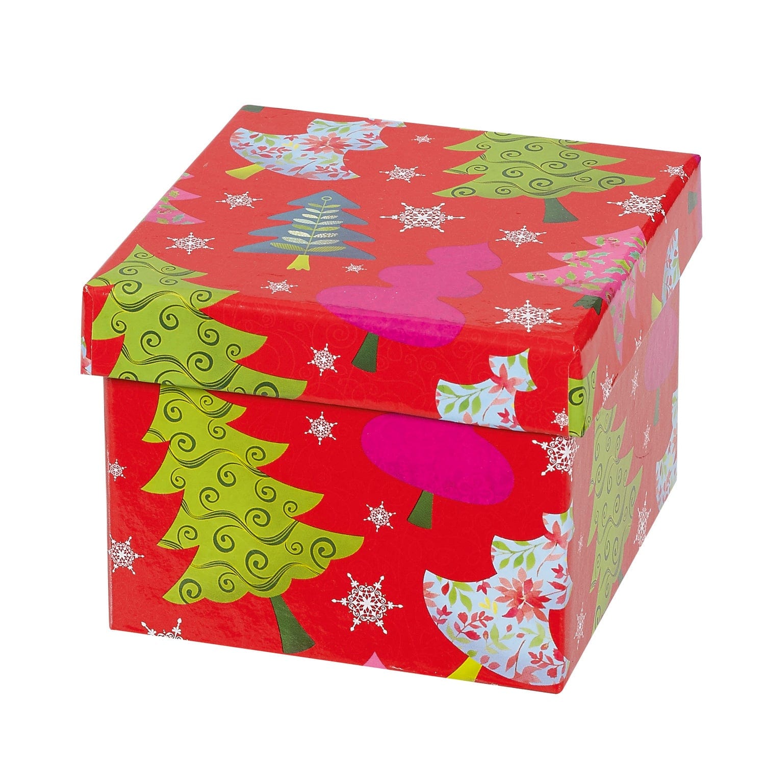 Red 2-tier tower of rigid boxes with tree design by Jag Couture London New York, featuring decorative floral patterns.