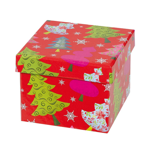 Red 2-tier tower of rigid boxes with tree design by Jag Couture London New York, featuring decorative floral patterns.