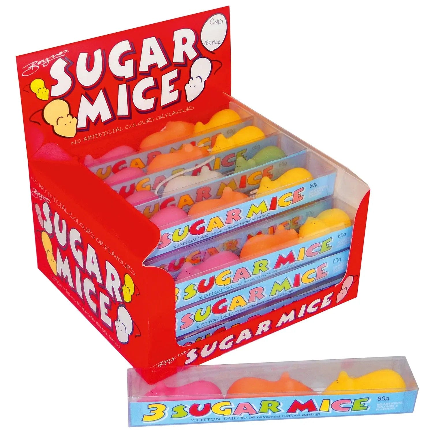 Three sugar mice in a cello gift box displayed in a counter display by Jag Couture London New York.