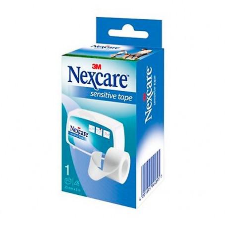 White 3M Nexcare paper medical tape on a roll, 5 meters by 2.5 centimeters, shown in a close-up image.