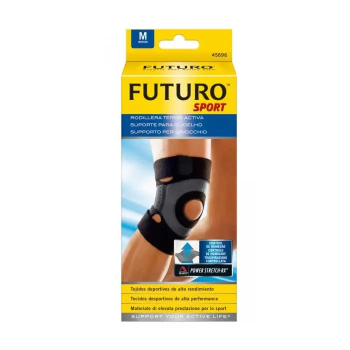 3M Futuro Sport kneepads in size L, shown in black with adjustable straps, designed for support and protection during sports.