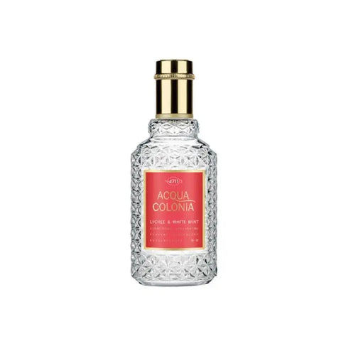 4711 Acqua Colonia Lychee and White Mint Eau De Cologne spray in a 50ml bottle with a sleek design.
