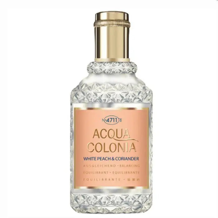 4711 Acqua Colonia White Peach & Coriander Eau De Cologne spray in 50ml bottle, featuring fresh peach and spicy coriander notes.