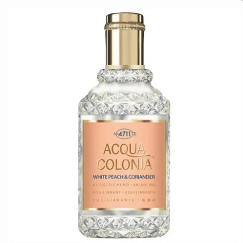 4711 Acqua Colonia White Peach & Coriander Eau De Cologne spray in 50ml bottle, featuring fresh peach and spicy coriander notes.
