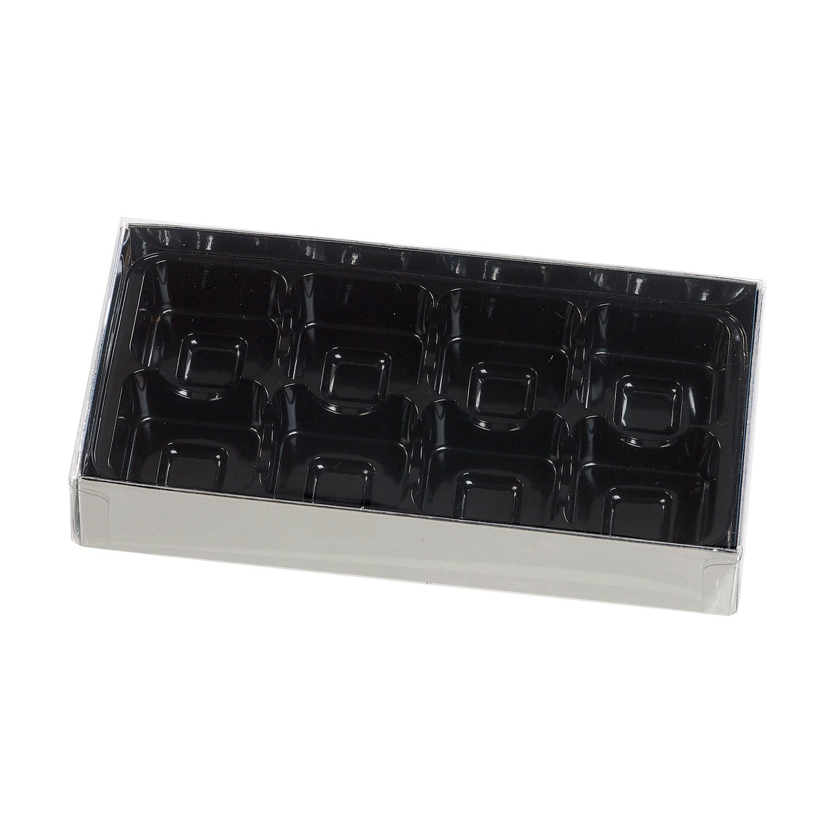 Jag Couture London - New York chocolate silver base with black vacuum tray and clear cello lid for elegant presentation.