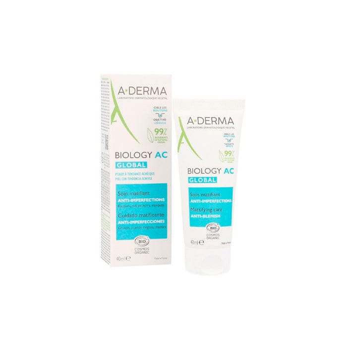 A-Derma Biology AC Global Anti-Blemish 40ml bottle, skincare product for blemish-prone skin, with sleek packaging and label.